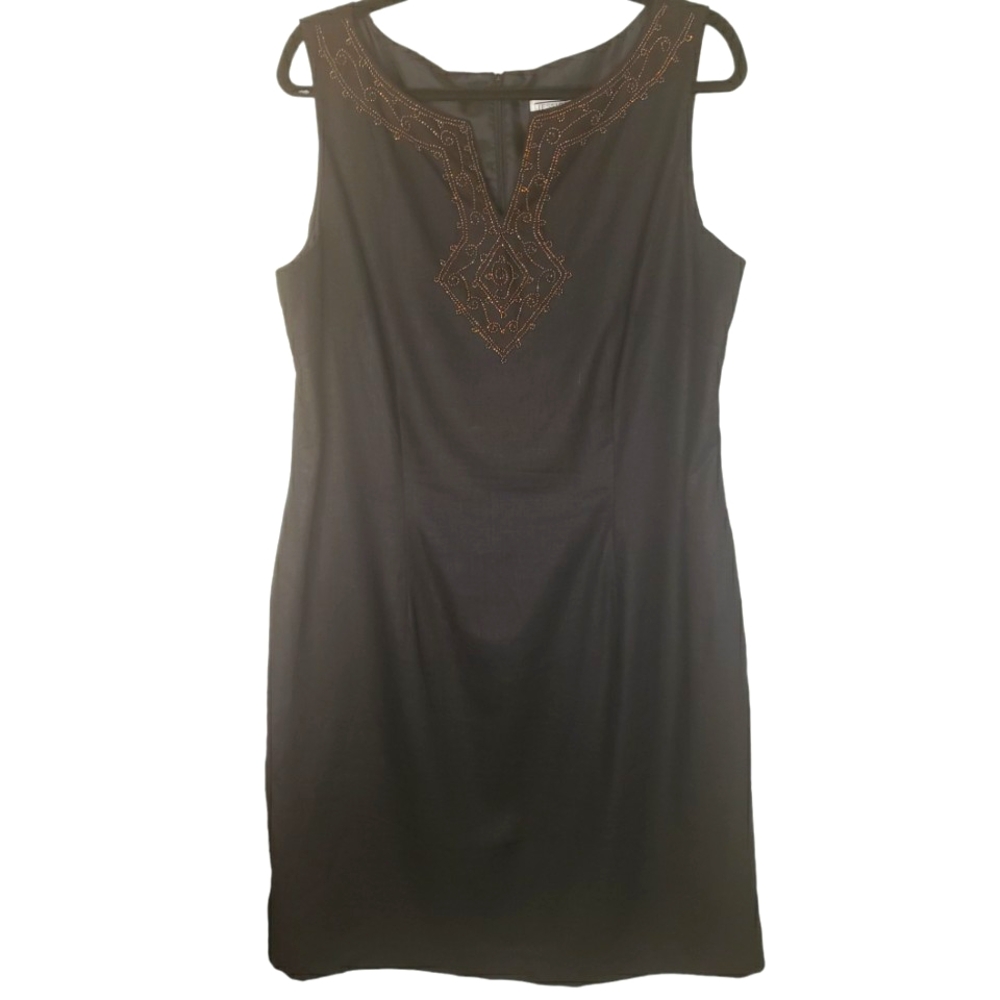 Jessica Howard Vintage Black Linen Blend Beaded Embelishments Dress Size 16